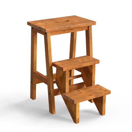 Three In One Rubber Wood Step Stool with Handle, natural wood finish on Tampa Home & Garden Store
