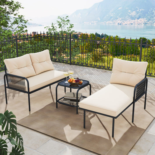 3-Piece L Shaped Patio Furniture Set PE Rattan Sectional Sofas-Beige - Tampa Home & Garden Store