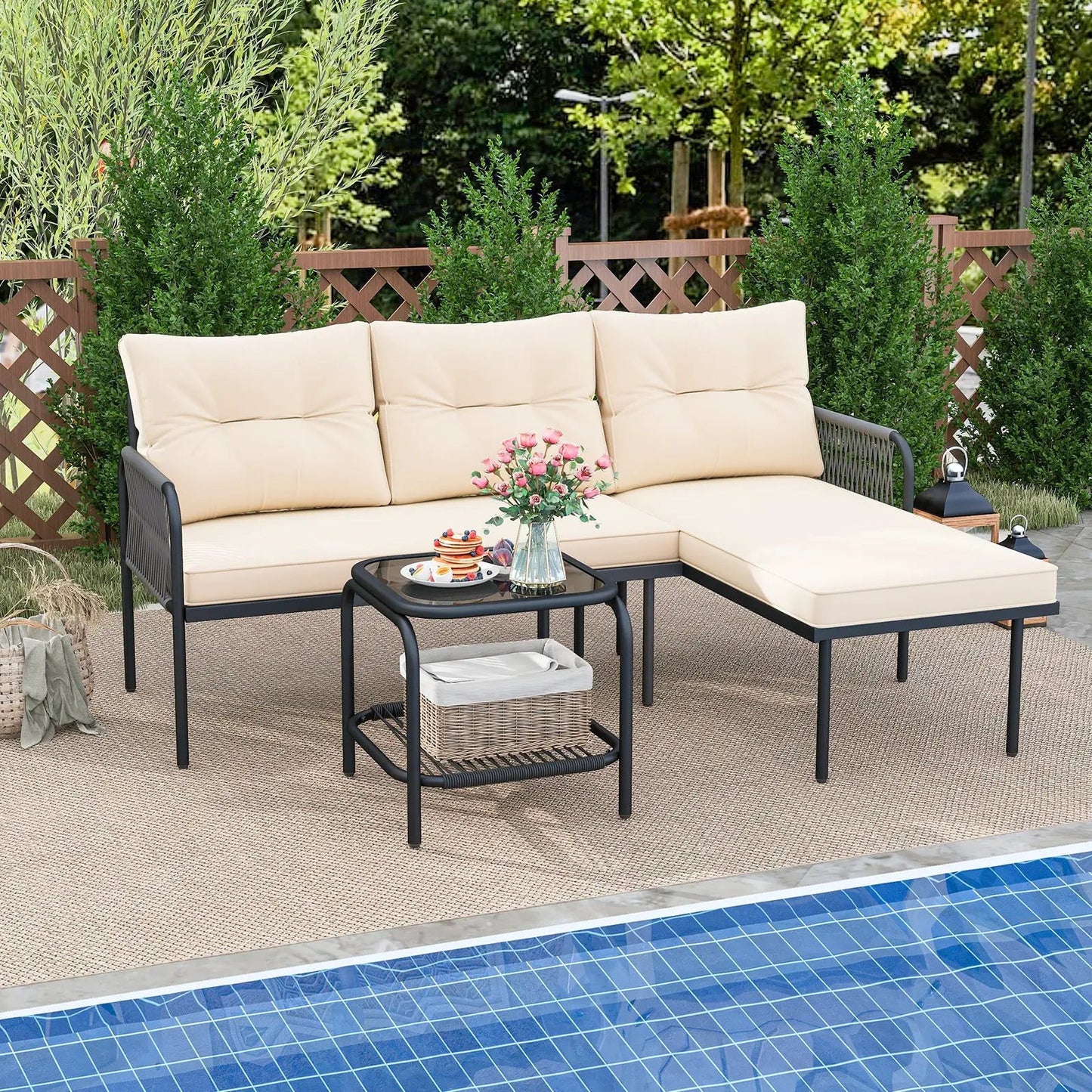 3-Piece L Shaped Patio Furniture Set PE Rattan Sectional Sofas-Beige - Tampa Home & Garden Store
