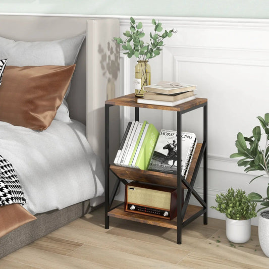 Industrial side table with V-shaped bookshelf black metal frame on Tampa Home & Garden Store