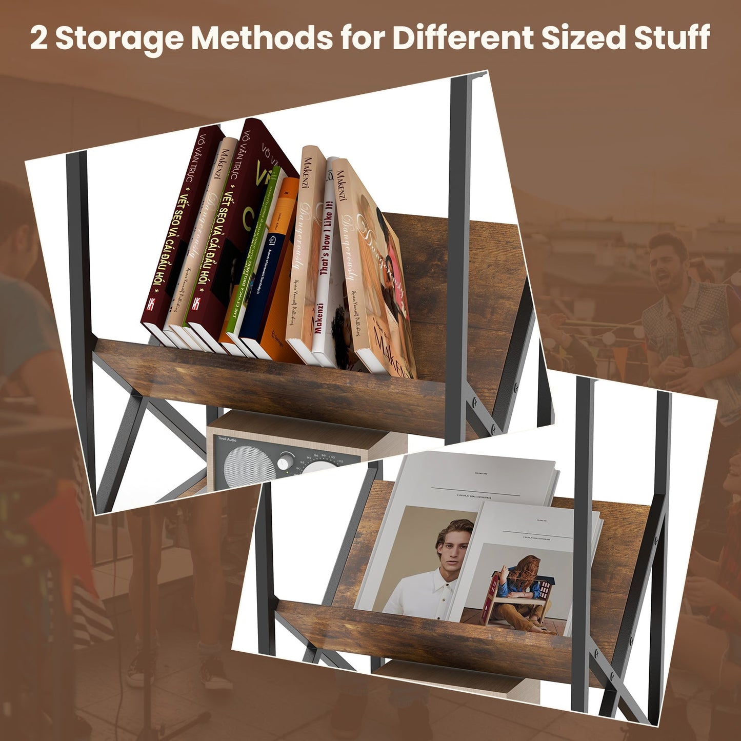 Industrial side table with V-shaped bookshelf, black metal frame and shelves DirectDeals table on Tampa Home & Garden Store