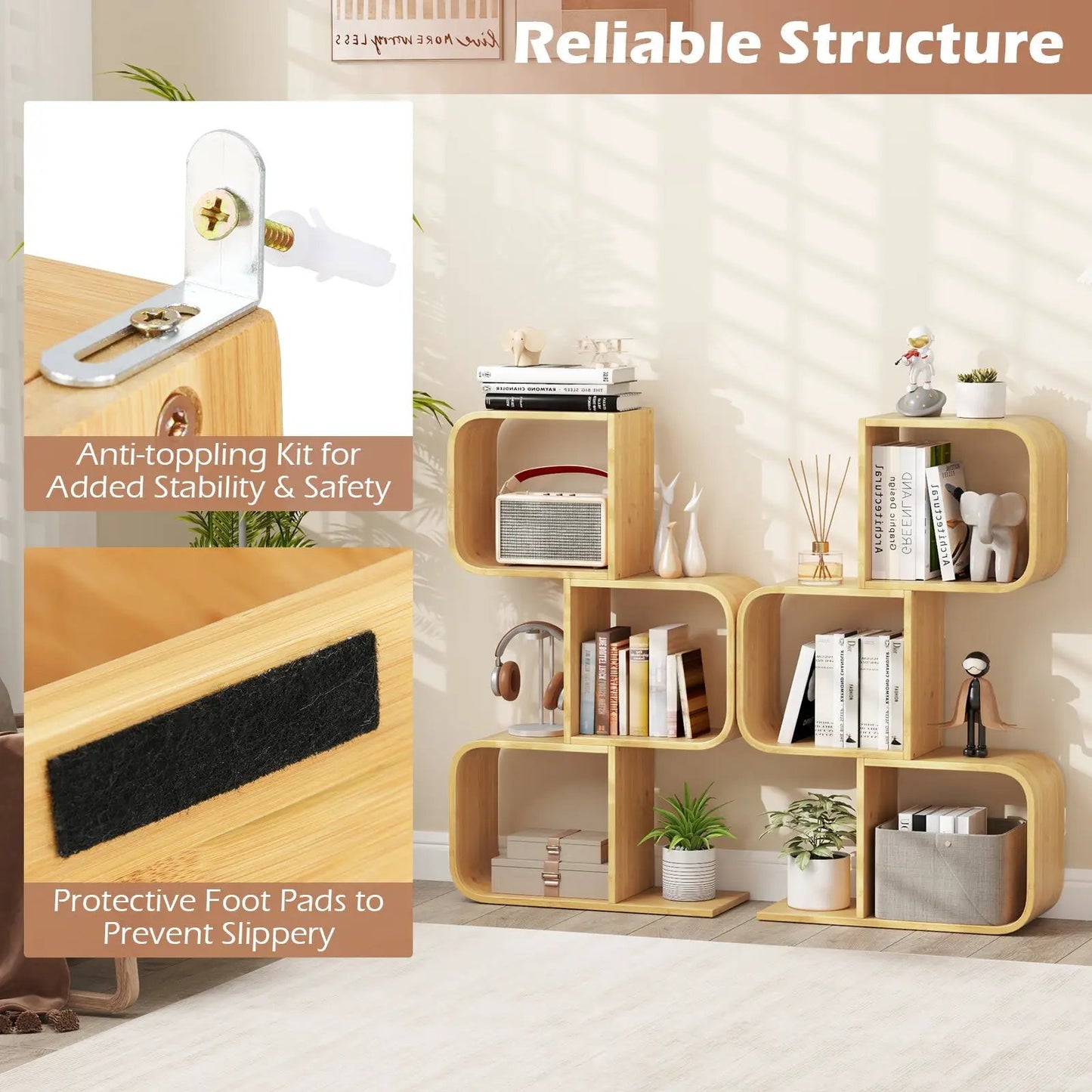 Three Tier S-Shaped Bamboo Corner Bookcase, natural finish with curved shelves in living room on Tampa Home & Garden Store