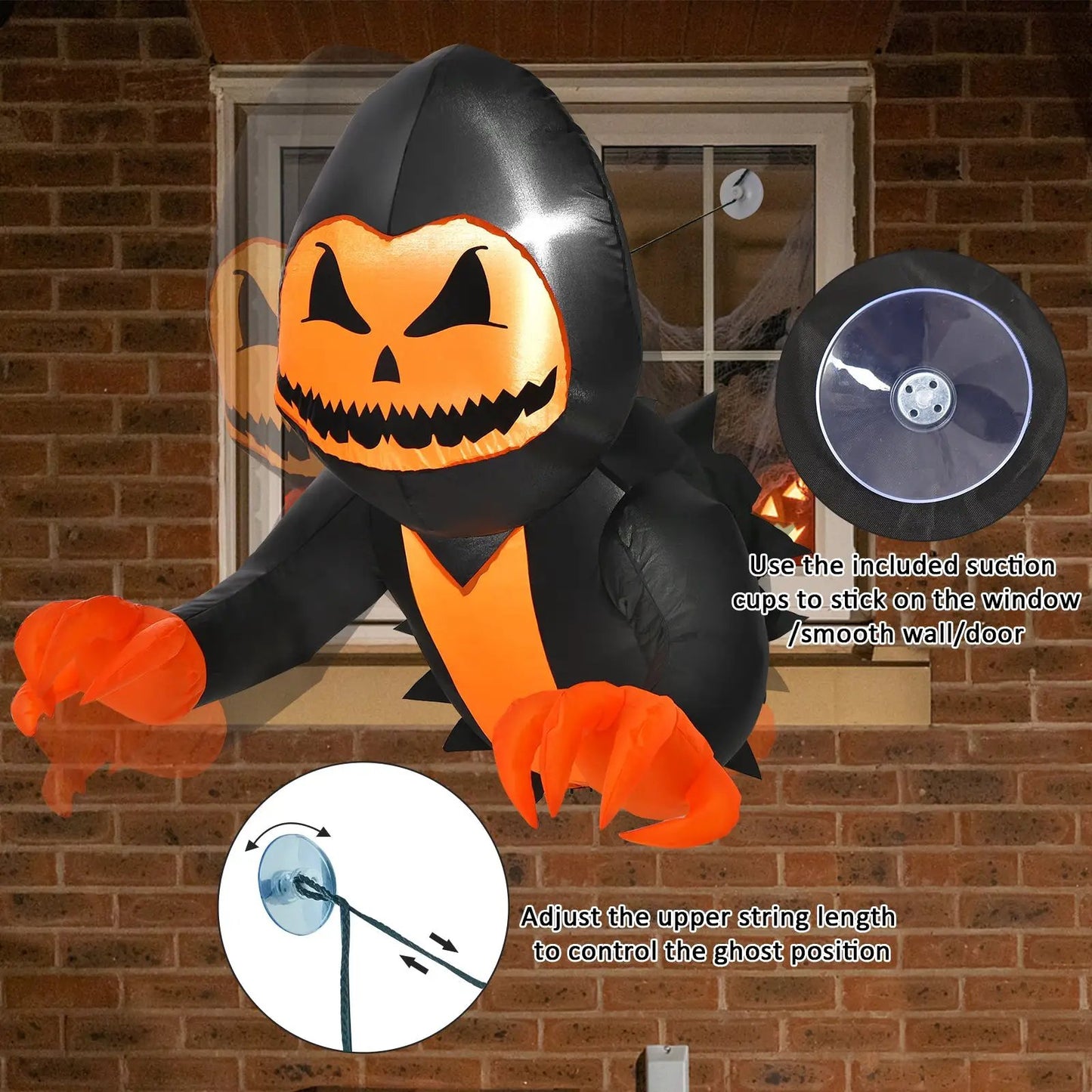 Halloween Inflatable Pumpkin Head Ghost decor, black body with orange face, suction cups on Tampa Home & Garden Store
