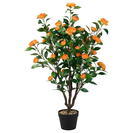 Artificial camellia tree, 3.3 ft tall, orange blooms and glossy green leaves in a black pot on Tampa Home & Garden Store