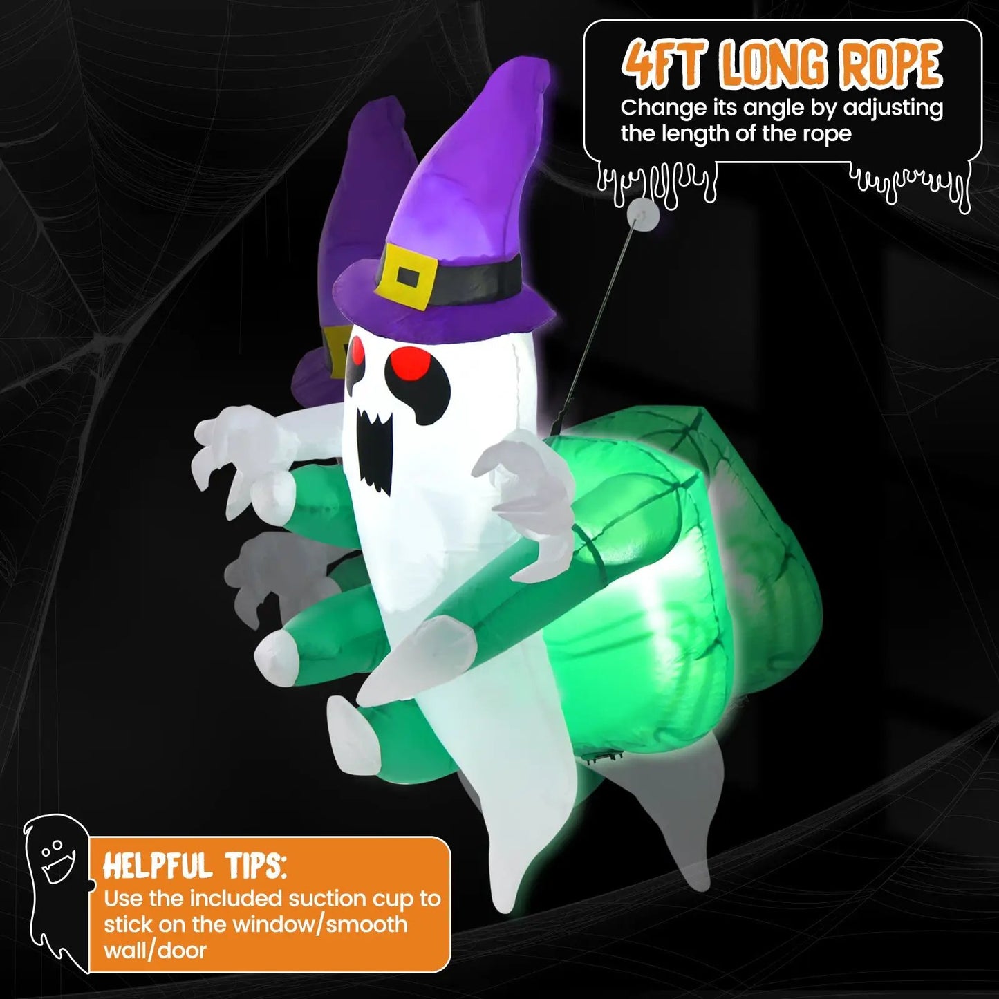 3.6 ft Halloween inflatable ghost with purple hat and red eyes by DirectDeals, inflatable decor on Tampa Home & Garden Store