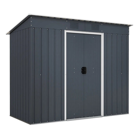 Garden storage shed 3.6 x 7.1 ft with ground foundation frame, dark gray metal doors on Tampa Home & Garden Store