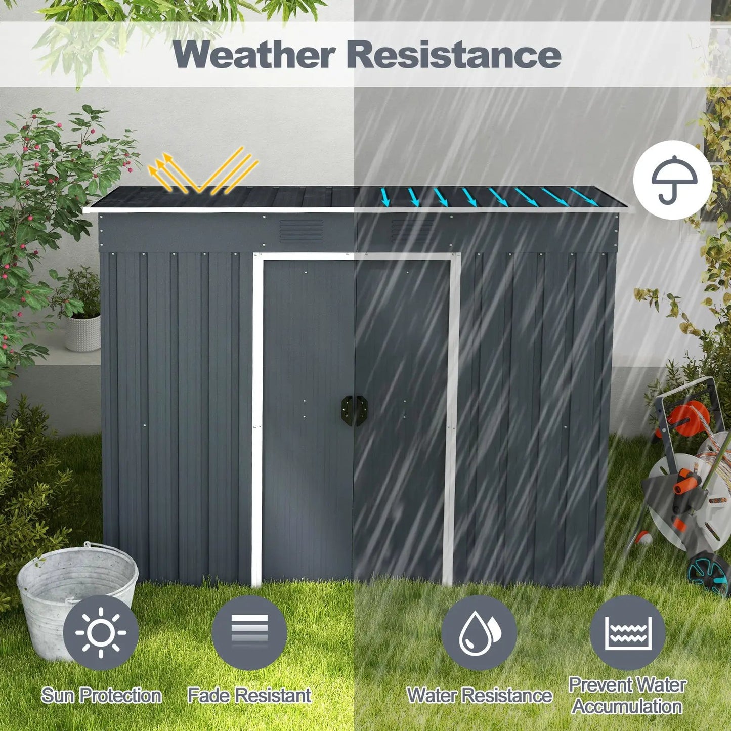DirectDeals Garden Storage Shed with Ground Foundation Frame, dark gray panels and white trim on Tampa Home & Garden Store