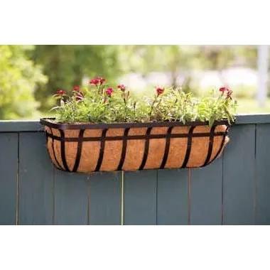 30 inch Window/Deck Planter with coco liner, tan body and black strap accents on blue fence on Tampa Home & Garden Store