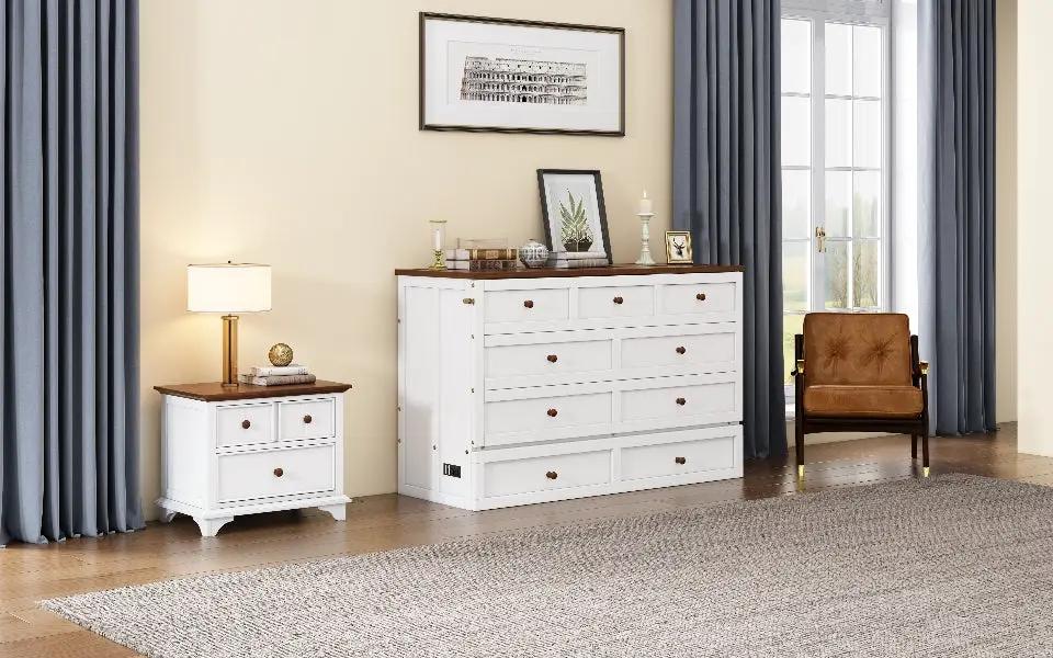 Solid pine Murphy bed chest with charging station in white and brown top, with dresser set on Tampa Home & Garden Store