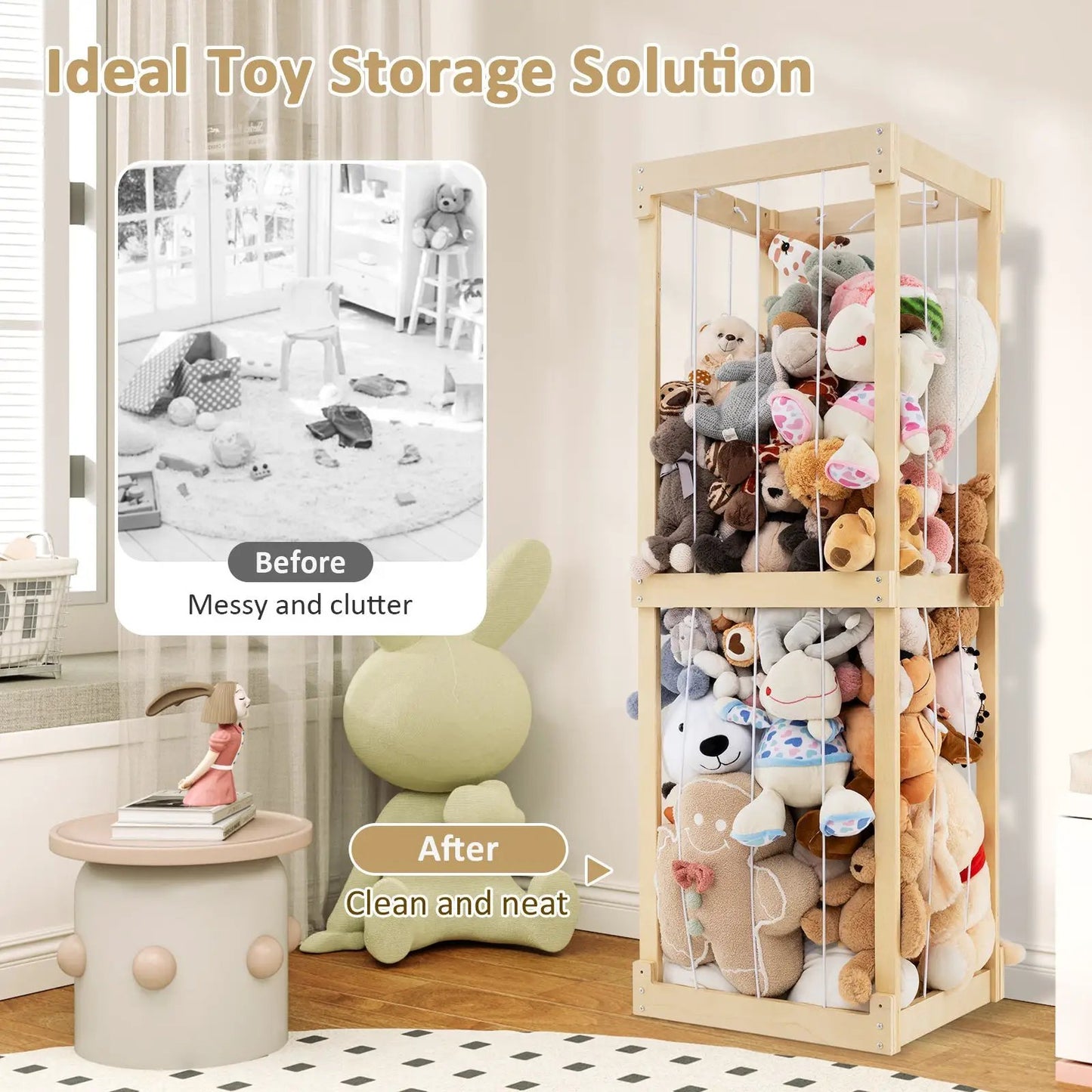 300L Stuffed Animal Storage With Elastic Cords by DirectDeals, wood frame filled with plush toys on Tampa Home & Garden Store