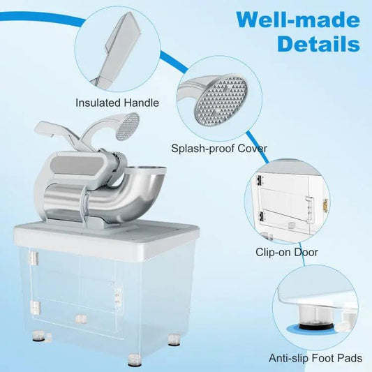 DirectDeals 300W Commercial Ice Crusher with dual blades and insulated handle over clear ice bin on Tampa Home & Garden Store