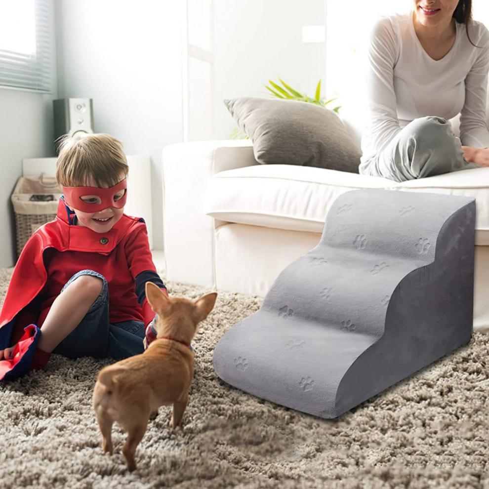 Gray pet steps with paw-print pattern, slip-resistant stairs, removable and washable on Tampa Home & Garden Store