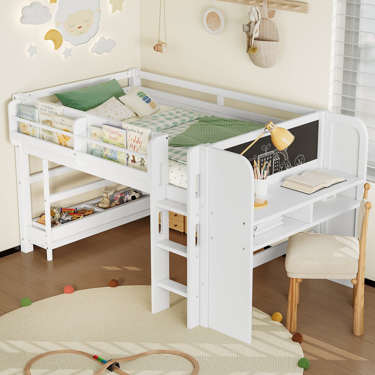 Twin loft bed with built-in multi-storage bookcases, desk and blackboard, HouseOfZazla on Tampa Home & Garden Store