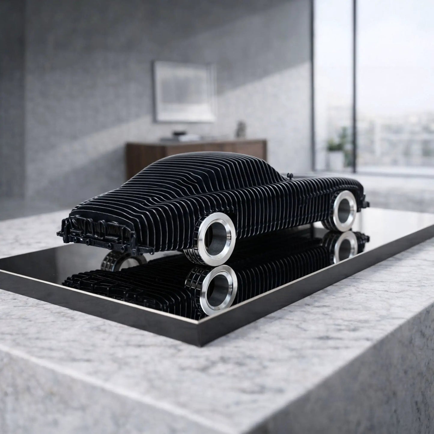 300SL aluminum alloy car sculpture black finish, Modello Turbo artwork on Tampa Home & Garden Store