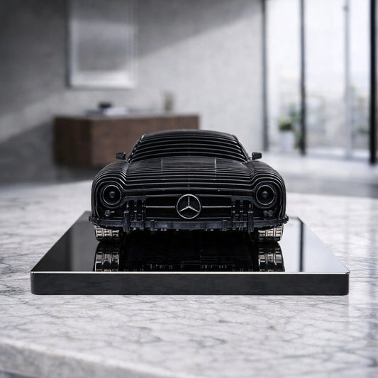 300SL aluminum alloy car sculpture, black ribbed body with Mercedes grille on glossy base on Tampa Home & Garden Store