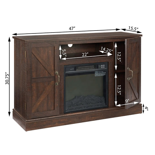 Farmhouse Classic Media TV Stand Fireplace Insert in dark wood with dual cabinet doors on Tampa Home & Garden Store