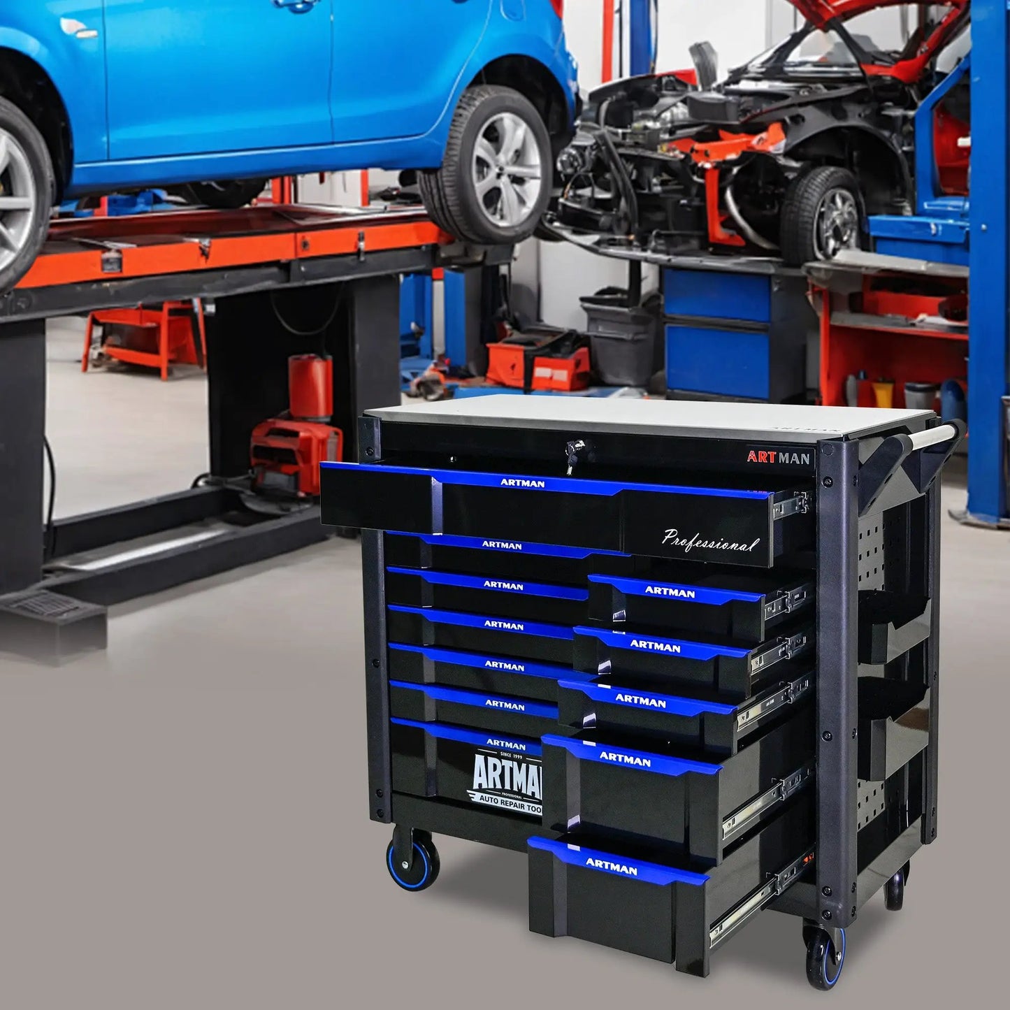 12 Layer Drawer Tool Cart with Wheels Iron Top, black frame, blue ARTMAN drawers on Tampa Home & Garden Store