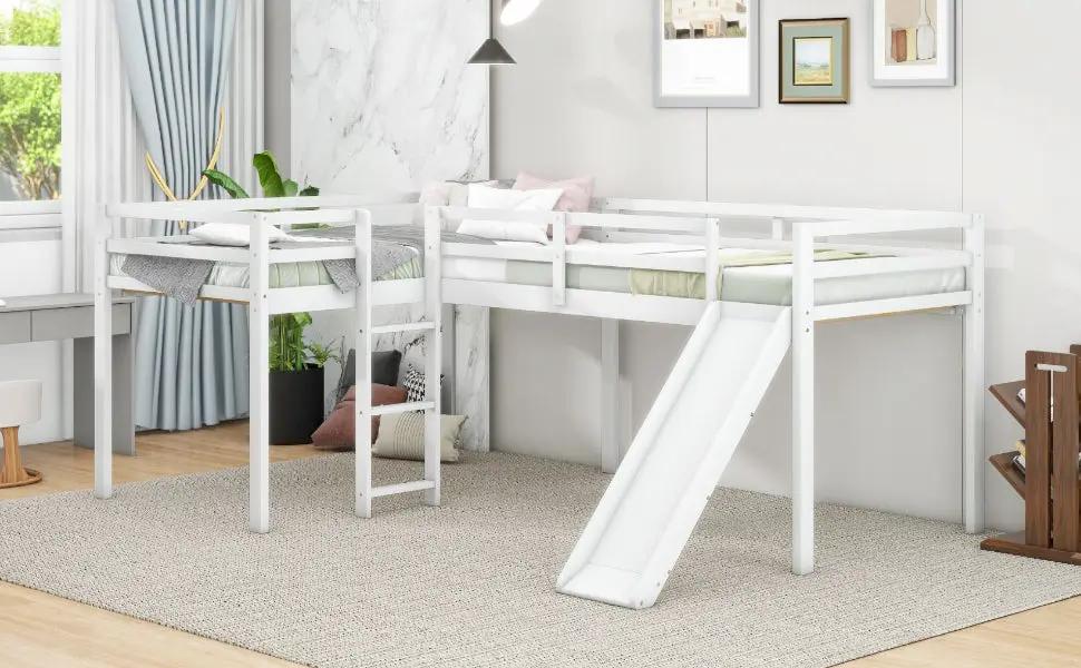 L Shaped Twin Loft Bed With Ladder and Slide in white wood with guard rails on Tampa Home & Garden Store