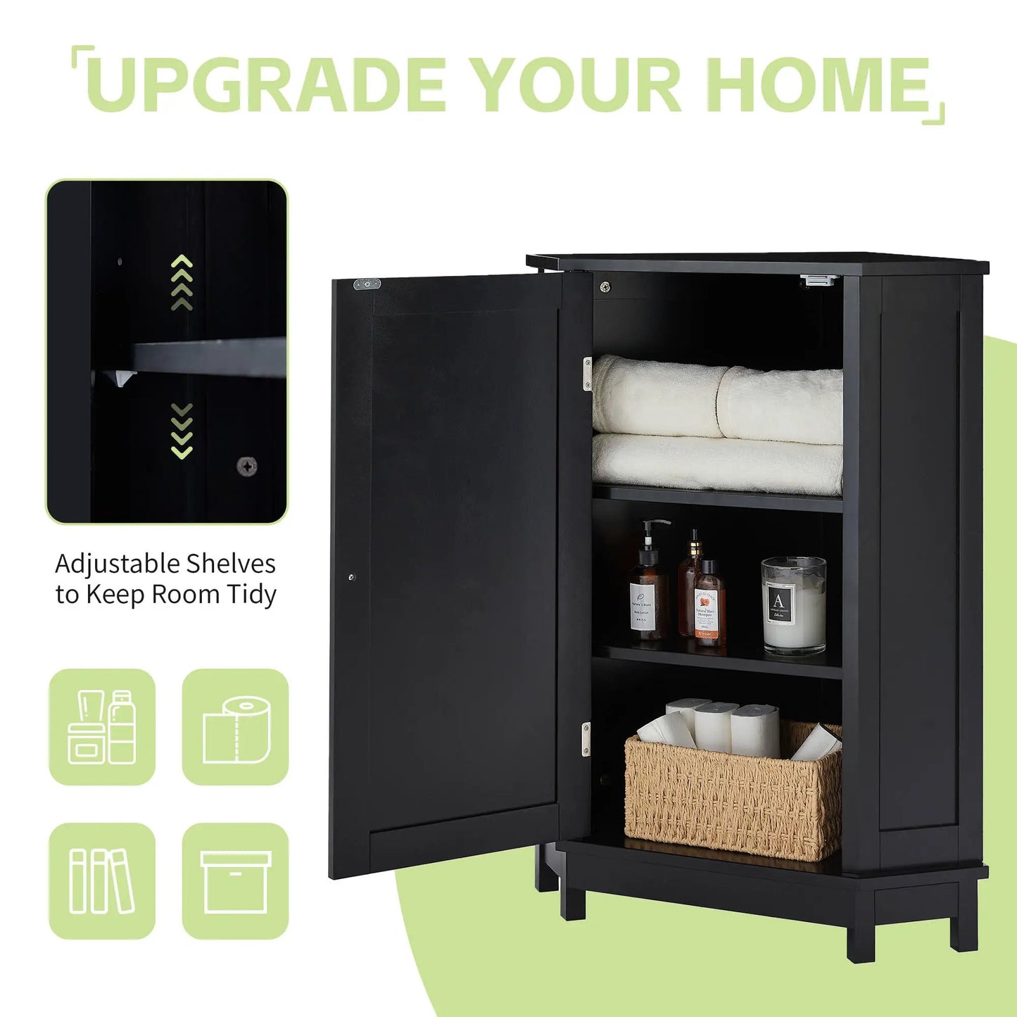 Black triangle corner bathroom cabinet with adjustable shelves, open door reveals towels on Tampa Home & Garden Store