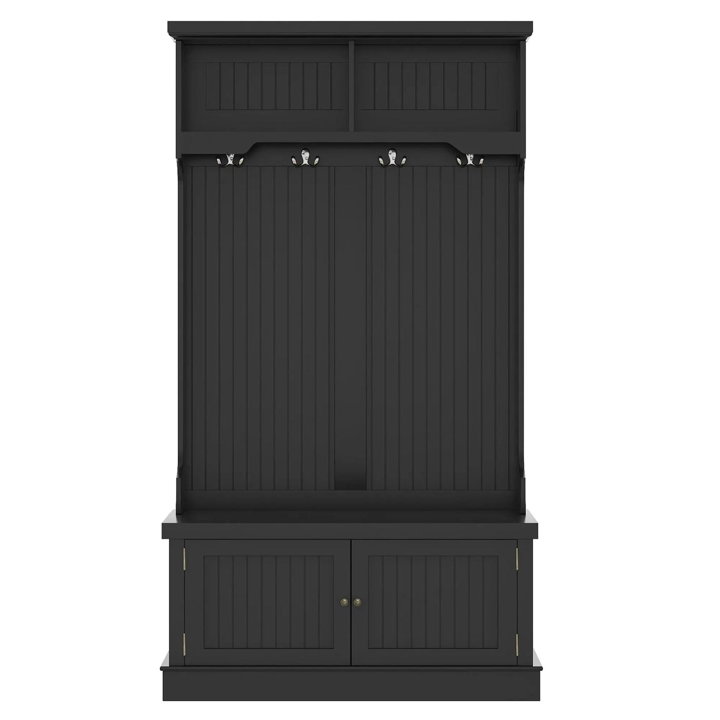 Hall tree in black with 4 hooks, storage bench, upper shelf, and lower beadboard cabinet doors on Tampa Home & Garden Store