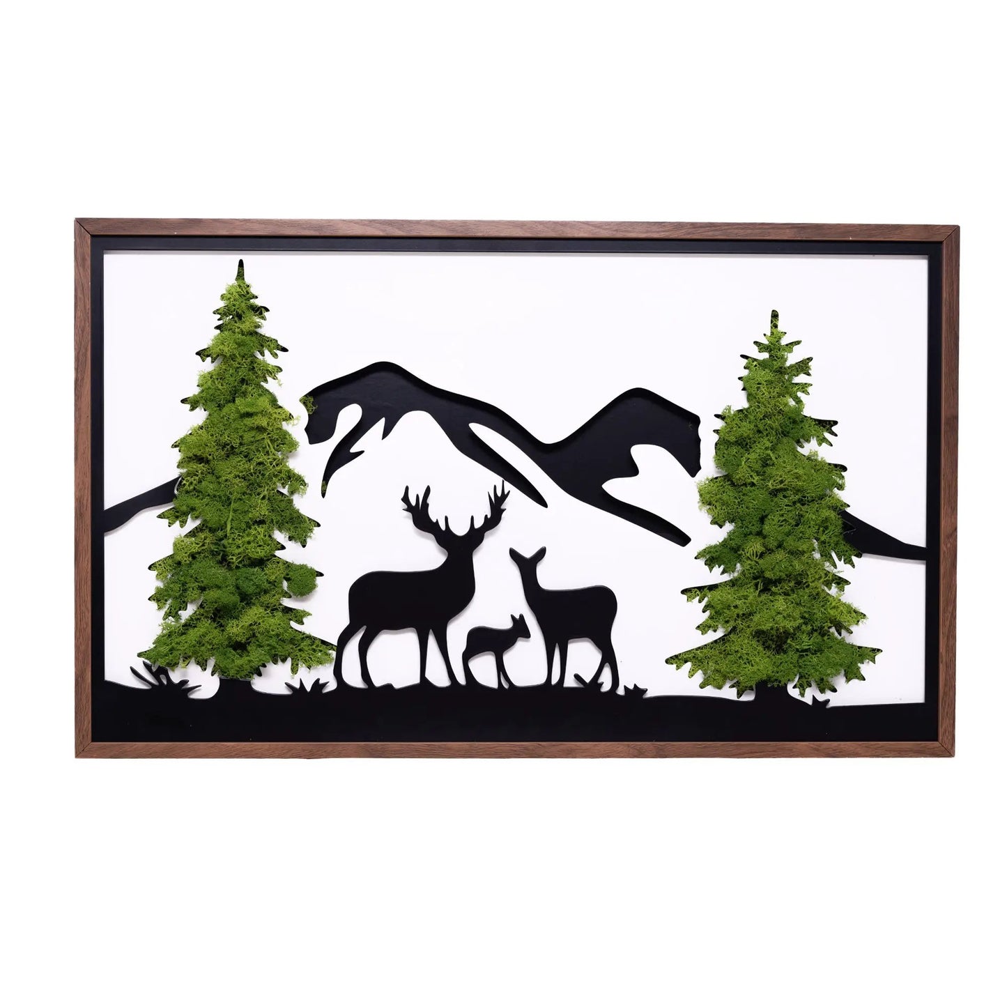 Deer metal art moss wall decor framed wood frame with black trim and green moss trees on Tampa Home & Garden Store