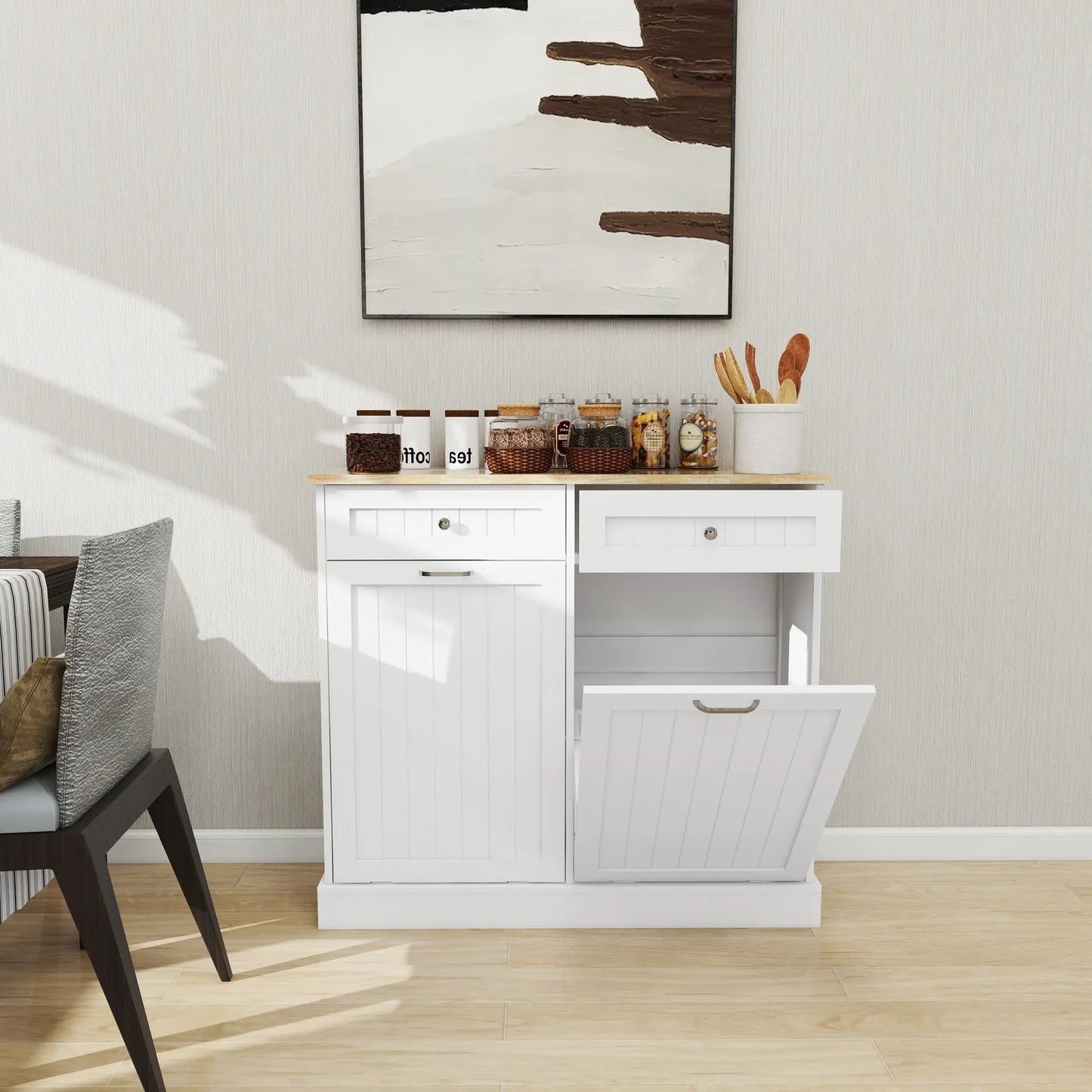 White two-drawer tilt-out trash cabinet with beadboard doors and wood countertop on Tampa Home & Garden Store