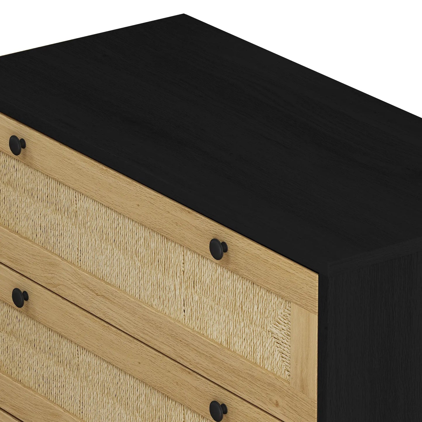 30.31 Inch 3-Drawer rope-woven storage cabinet with natural wood drawers and black knobs on Tampa Home & Garden Store