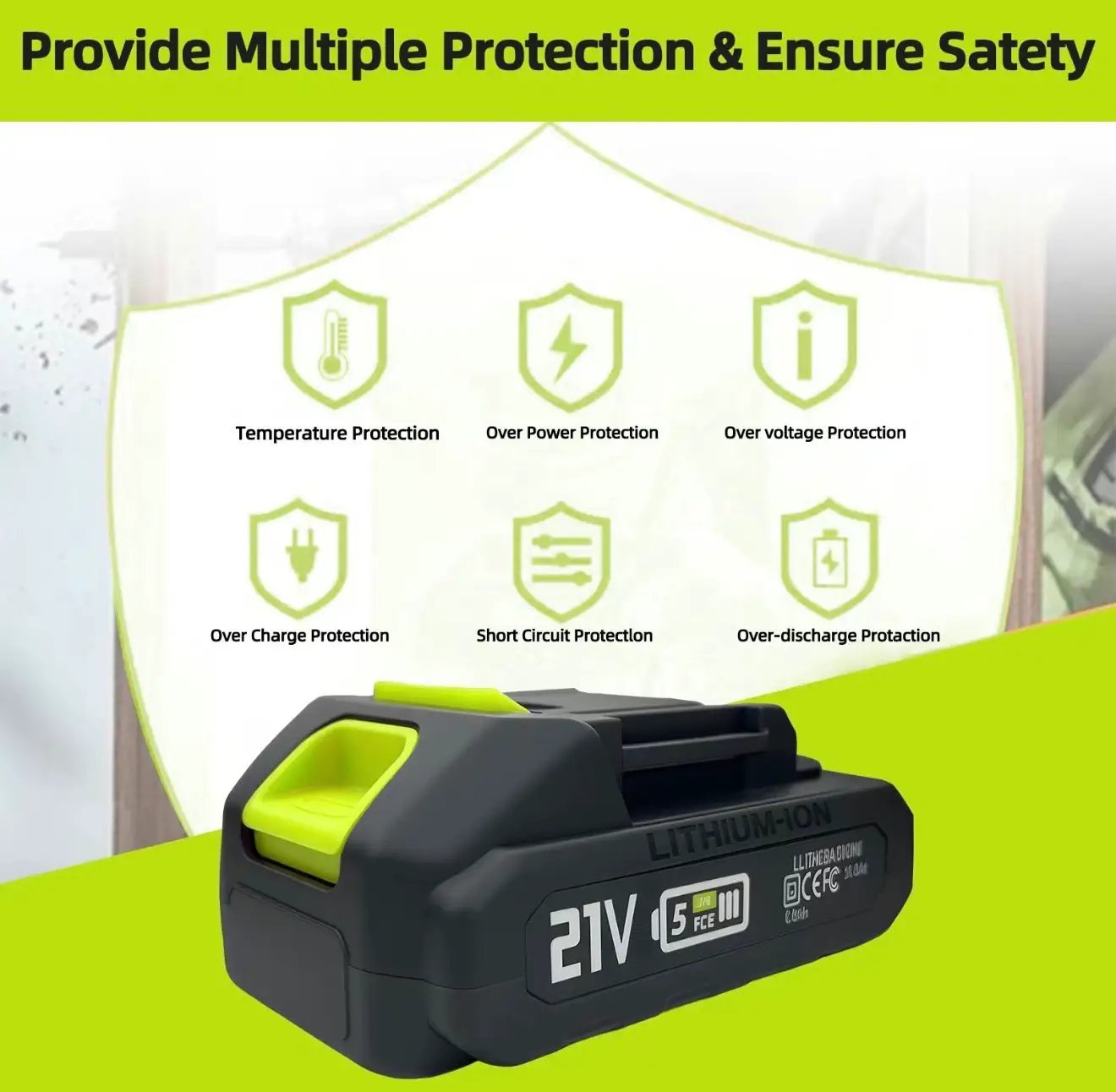 BrushLite Mini Chainsaw 21V battery pack with lime green trigger on Tampa Home & Garden Store