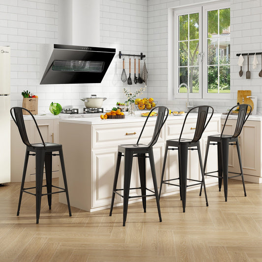 Set of 4 Bar Height Chairs Stackable Metal Bar Stools with Removable Backrest-Black - Tampa Home & Garden Store