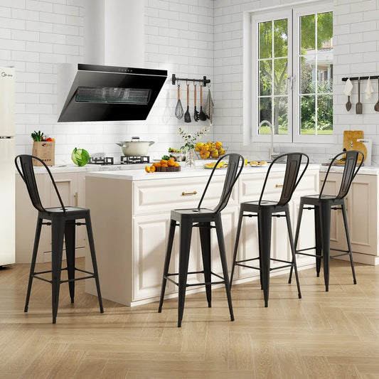 Set of 4 black metal bar-height stools with backs, stackable for kitchen island on Tampa Home & Garden Store