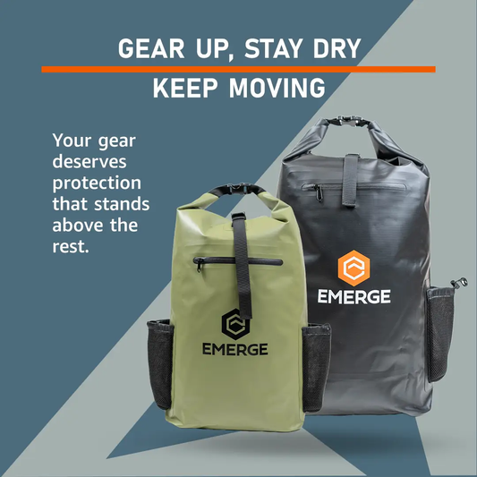 Two 30L heavy duty dry bags with straps in olive and gray by Emerge Survival, canoe deck bags on Tampa Home & Garden Store
