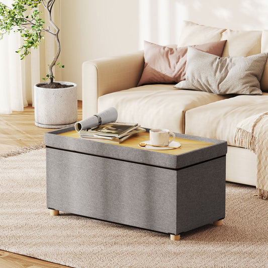 30 Inches Storage Ottoman Bench with Tray and Rubber Wood Legs-Gray - Tampa Home & Garden Store