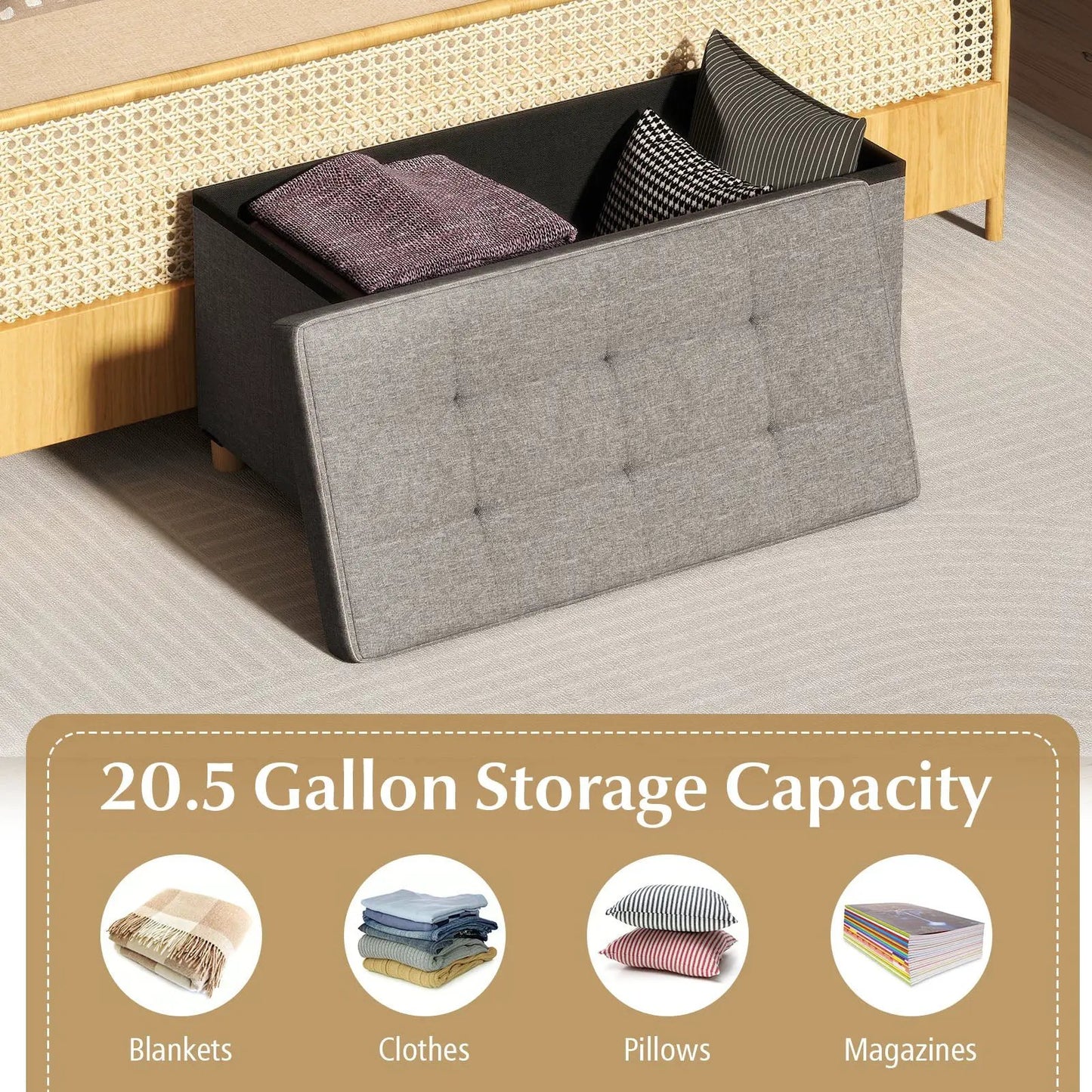 30 Inches Storage Ottoman Bench With Tray gray fabric with rubber wood legs DirectDeals shoe storage ottomans on Tampa Home & Garden Store