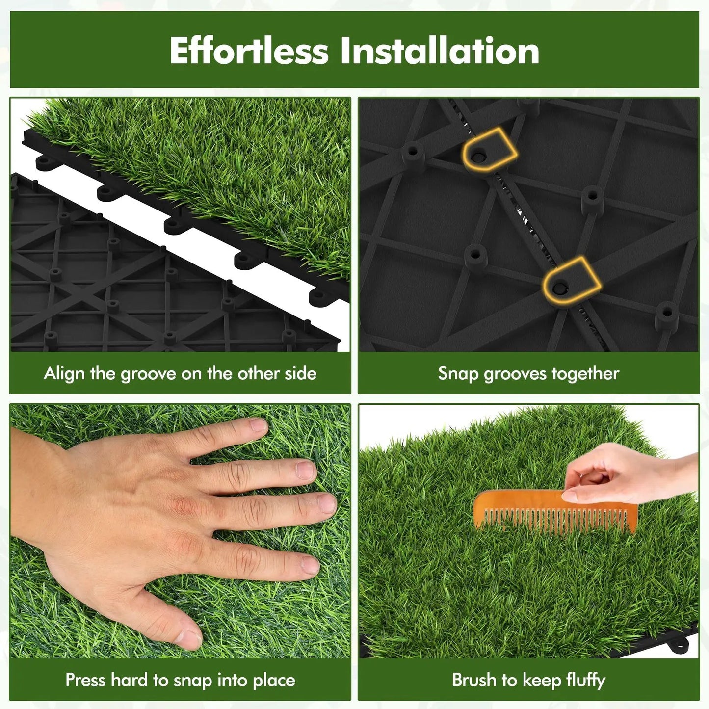 30-piece interlocking artificial grass tiles with black base and snap locks on Tampa Home & Garden Store