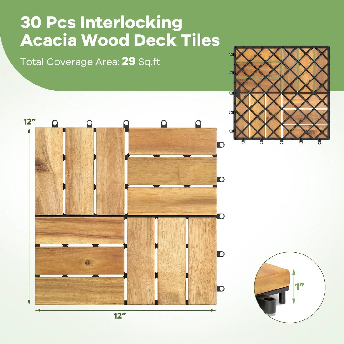 Pack of 30 Acacia Wood Interlocking Deck Tiles-Brown - Tampa Home & Garden Store