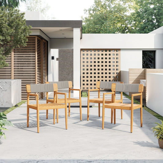Creative braided acacia wood outdoor dining chairs with armrests, six in a modern patio on Tampa Home & Garden Store