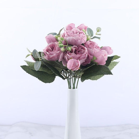 30cm rose pink silk peony bouquet with 5 blooms and 4 buds in a white vase for wedding decor on Tampa Home & Garden Store