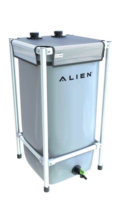 Alien GardenTank 30 Gallon collapsible water tank with gray plastic body on a metal frame on Tampa Home & Garden Store