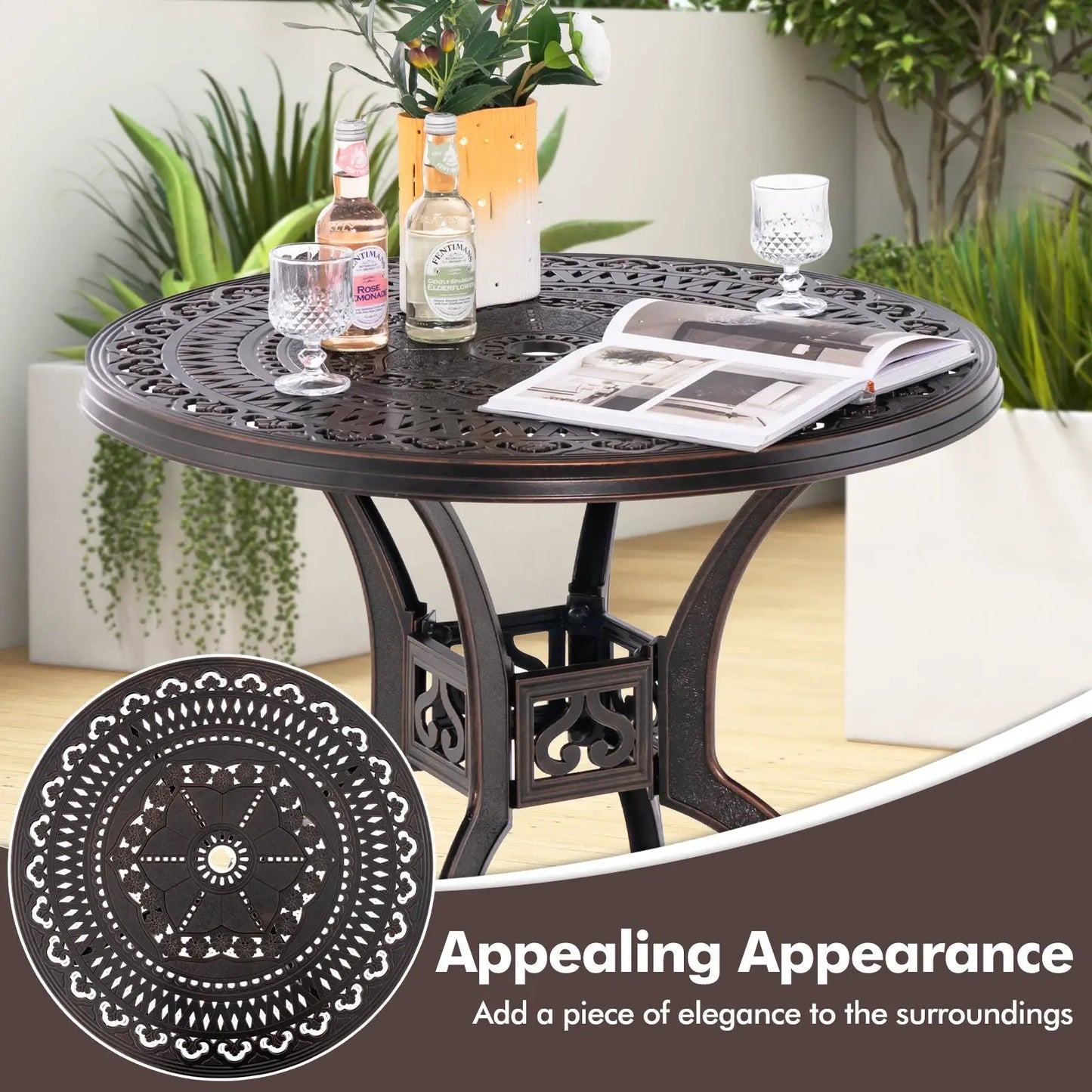 31.5-in cast aluminum patio table with umbrella hole, dark bronze, lattice top DirectDeals on Tampa Home & Garden Store