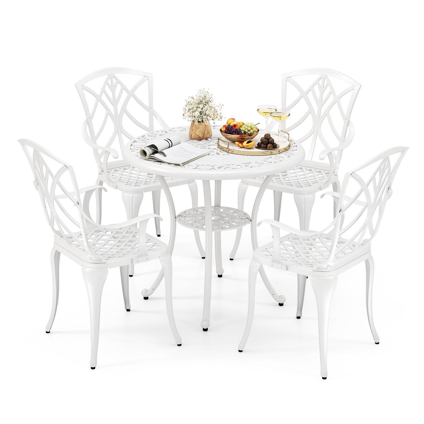 Round white cast aluminum patio dining table with lattice top and six matching chairs on Tampa Home & Garden Store