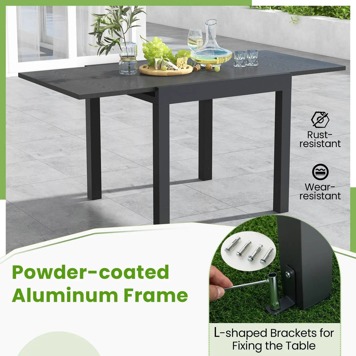 Adjustable gray patio expandable dining table with powder-coated aluminum frame for 4–6 on Tampa Home & Garden Store
