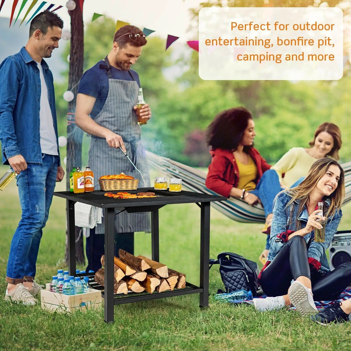 31 Inch Outdoor Fire Pit Table with BBQ Grate, black metal frame and built-in grill for outdoor gatherings on Tampa Home & Garden Store