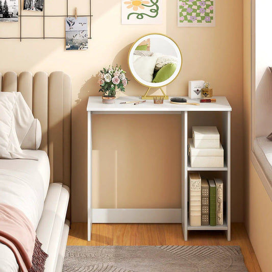 31.5-inch white modern desk by DirectDeals with 2 storage compartments and round gold mirror on Tampa Home & Garden Store