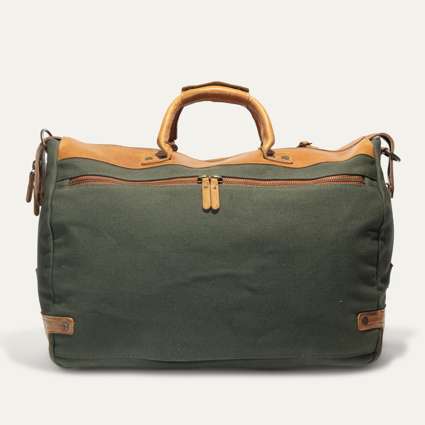 Canvas & Leather Travel Duffle bag in green with tan leather handles by Will Leather Goods on Tampa Home & Garden Store