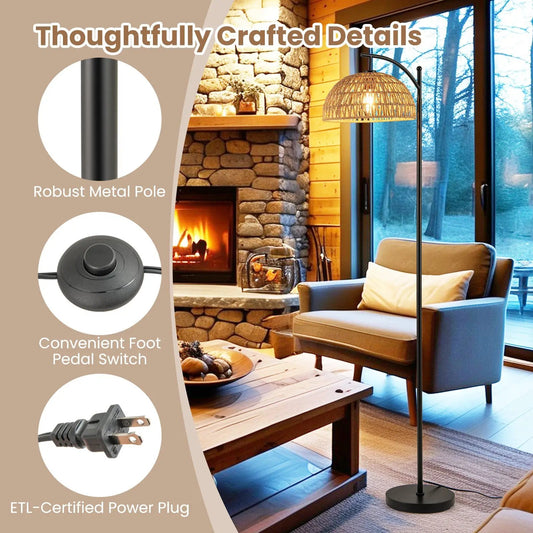 Arc floor lamp with hanging wicker lampshade, black metal pole in living room DirectDeals on Tampa Home & Garden Store