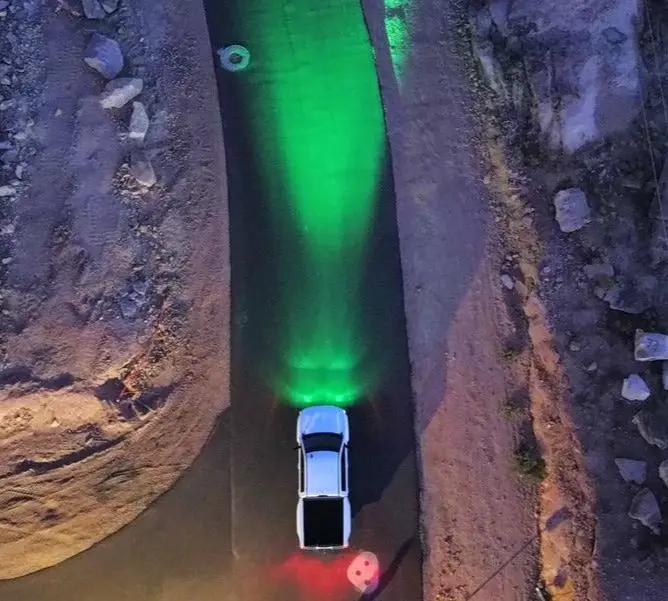GGLighting Race Series Flood LED Pods Green Long Range on white pickup with green beam on Tampa Home & Garden Store