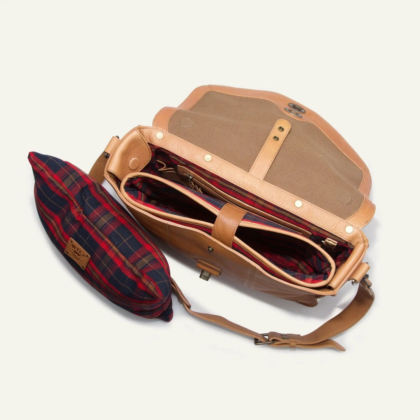 Kent Leather Messenger Bag by Will Leather Goods, tan leather with brass turn lock on Tampa Home & Garden Store