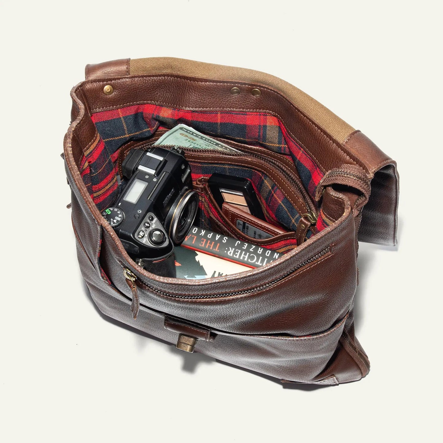 Otto Crossbody Bag Will Leather Goods brown leather with tan canvas and red plaid lining on Tampa Home & Garden Store