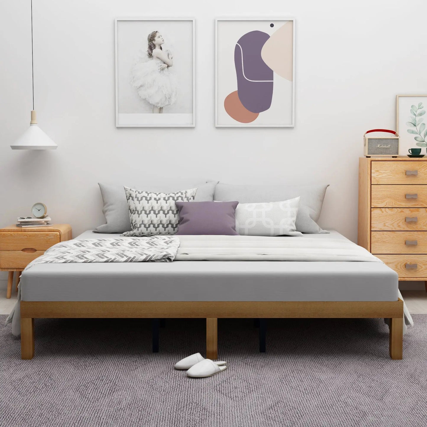 Base de cama de plataforma de madera tamaño Queen, no necesita somier, soporte resistente de listones de madera, fácil montaje