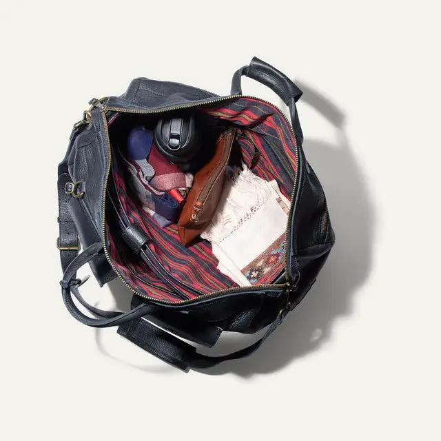 Signature Leather Travel Duffle by Will Leather Goods, navy leather with striped red interior on Tampa Home & Garden Store